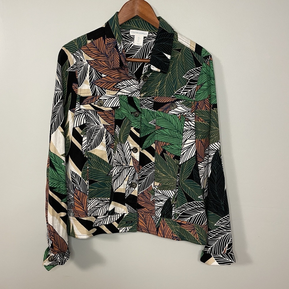CYNTHIA ROWLEY Tropical Jacket Blazer Leaves Resort Colorful Linen Viscose Sz L